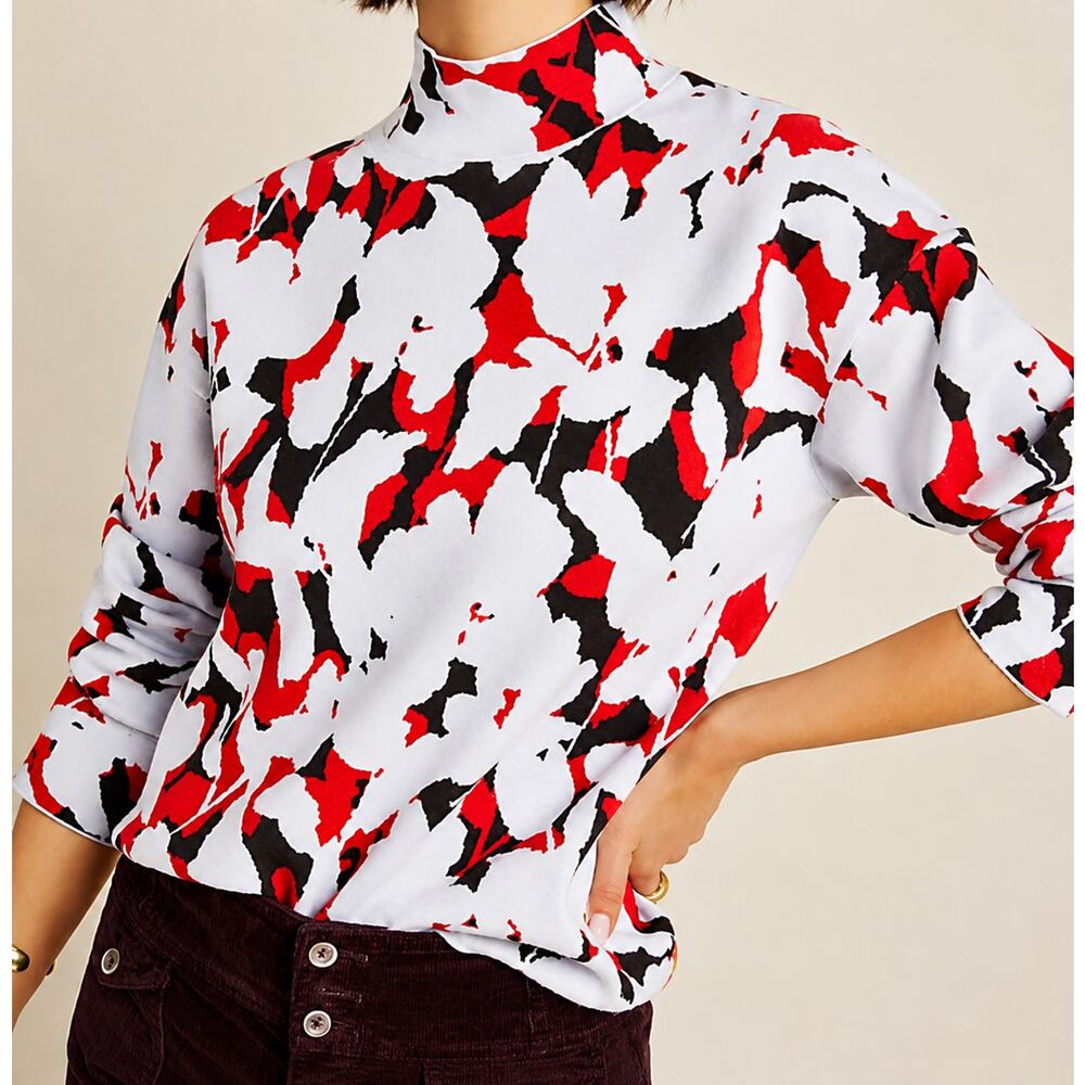 Anthropologie Lizzie Mock Neck Sweater Abstract Floral Red Black Grey Knit Large